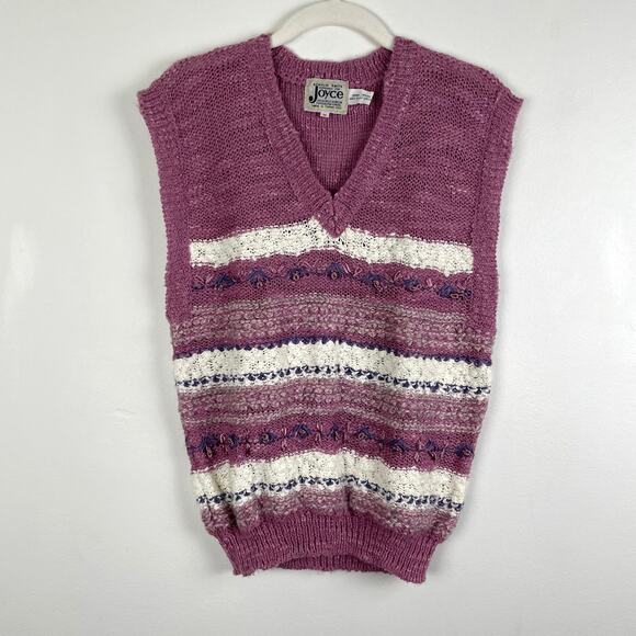 VTG 80s Expressly for Joyce Sweater Vest Striped Coquette Sleeveless Knit Preppy - Picture 1 of 14